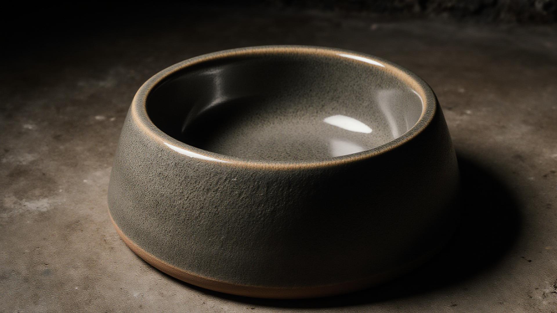 Handcrafted textured ceramic dog bowl on a concrete floor