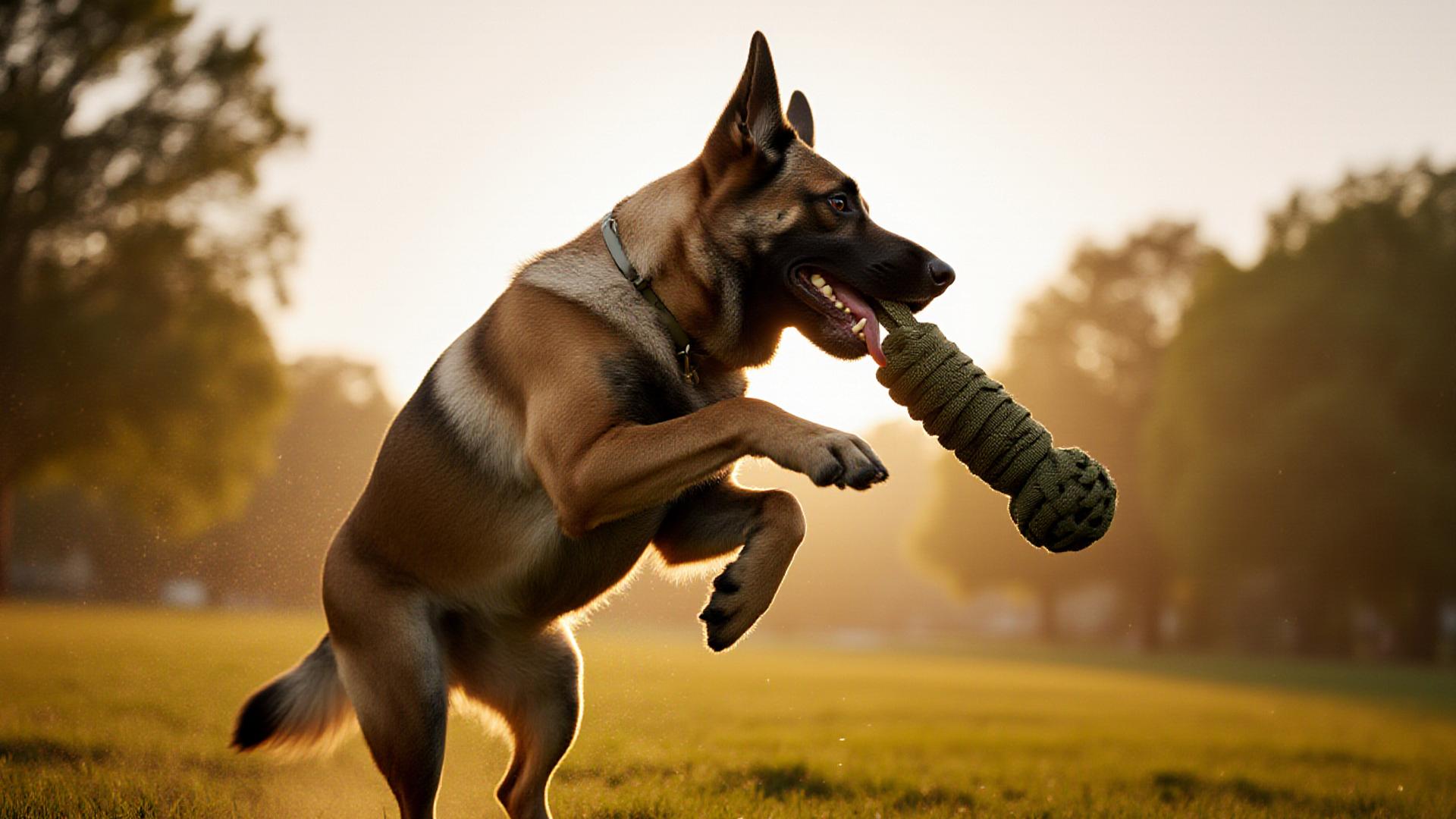 A high-energy Malinois catching an indestructible ballistic-nylon toy in mid-air above Nashville park