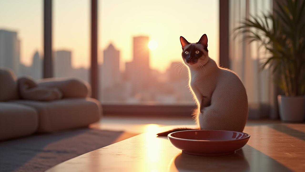 Healthy cat in a sunlit modern Nashville apartment with sustainable ceramic bowls
