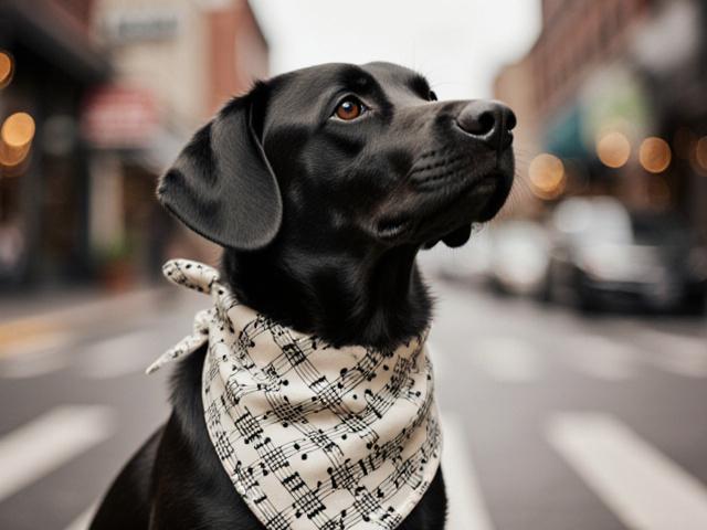 Dog wearing Bluebird Cafe themed bandana