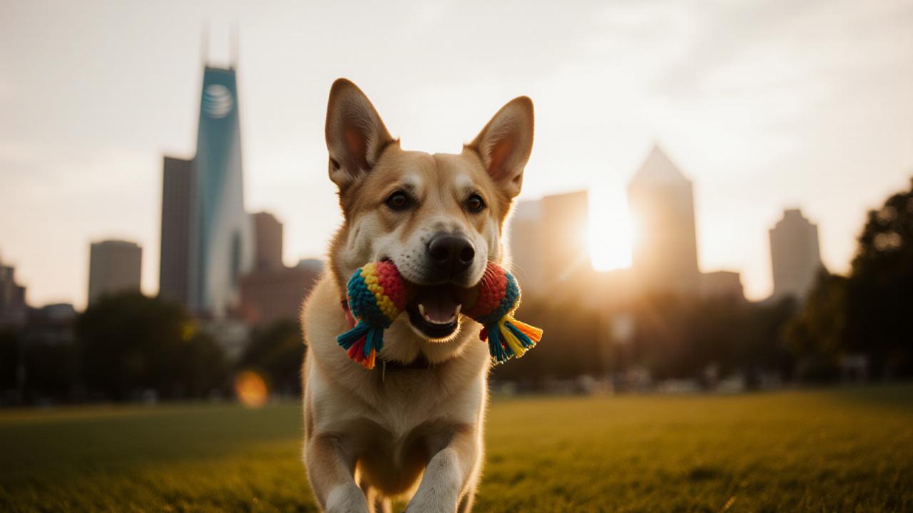 Happy dog playing with a durable toy in a Nashville park with the skyline in background